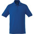 A blue men's short sleeve polo shirt with a collar and three buttons. It features a logo on the chest.