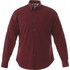 A maroon long sleeve button-up shirt for men, featuring a collar and a single chest pocket. It has a logo on the label.