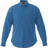 A blue long sleeve button-up shirt with a collar and a single chest pocket. The shirt features a logo.