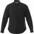 A black long sleeve button-up shirt for men featuring a front pocket and a logo.