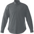 A dark green men's long sleeve button-up shirt with a chest pocket and a logo on the sleeve.