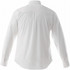 A white long-sleeve button-up shirt for men, featuring a plain back and buttoned cuffs. It has a logo on the fabric.