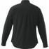A black long sleeve button-up shirt featuring a classic collar and buttoned cuffs, with a branding logo on the back.