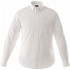 A white long sleeve button-up shirt for men with a chest pocket and a collar. It features a logo.