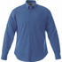 A tall men's button-up shirt in a solid blue colour with long sleeves and a chest pocket. Features a logo.
