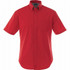 A red short sleeve button-up shirt with a single chest pocket and a logo on the collar.