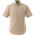 A short sleeve button-up shirt in a light beige colour with a chest pocket and a logo.