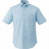 A light blue short sleeve button-up shirt featuring a single pocket and a logo on the collar.