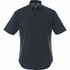 A short sleeve button-up shirt in dark grey with a single chest pocket and a logo on the collar.