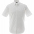 A short-sleeve men's button-up shirt in white, featuring a chest pocket and a logo.