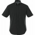 A black short sleeve button-up shirt with a chest pocket and a logo.