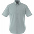 A short sleeve button-up shirt in a light green shade, featuring a pocket and a collar. Includes a logo.