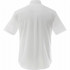 A white short sleeve button-up shirt featuring a back pleat and a logo.