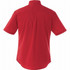 A red short sleeve button-up shirt with a plain back design and a logo on the collar.