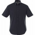 A black short sleeve button-up shirt for men, featuring a single chest pocket and a logo.