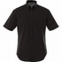 A black short sleeve button-up shirt for men featuring a pocket and a logo.