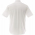 A short sleeve white button-up shirt with a plain design and a back pleat, featuring a logo.