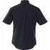 A black short sleeve button-up shirt for men, featuring a back yoke and logo branding.