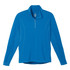 A blue knit quarter zip jumper with long sleeves and a logo. Suitable for casual wear.