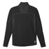 A black knit quarter zip jumper with a textured design and a logo on the back.