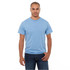 A light blue short sleeve men's t-shirt, featuring a simple design and classic fit. It has a logo on the chest.