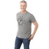 A grey men's short sleeve t-shirt featuring a logo on the front, paired with denim jeans.