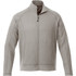 A light grey knit jacket for men with a zip front and a high collar. It features a logo on one side.