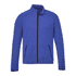 A blue eco knit jacket for men with zippered pockets and a logo on the front.