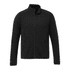 A black men's jacket with a zip front, featuring side pockets and a subtle texture. It has a logo on the front.