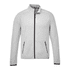 A light grey men's jacket with a zip front, zip pockets, and contrasting black detailing. Features a logo.