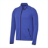 A blue eco-friendly knit jacket for men, featuring a zip front and side pocket, with branding on the sleeve.