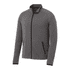 A grey men's jacket with a zip front, zippered pockets, and a subtle textured pattern. It has a logo.