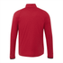 A red jacket with long sleeves and a collar, featuring a logo on the back.