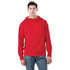 A red fleece hoodie for men, featuring a kangaroo pocket and a drawstring hood. It has a logo on the front.