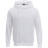 A white fleece hoodie featuring a front pocket and a drawstring hood. Includes a logo on the chest area.