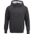 A grey fleece hoodie with a front pocket and a drawstring hood, featuring a logo.