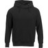 A black men's fleece hoody featuring a front pocket and a drawstring hood, with a simple design.