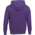 A purple men's fleece hoody with a hood and ribbed hem, featuring a logo on the back.
