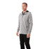 A men's zip-up hoodie in grey with a hood and side pockets, featuring a logo.