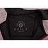 A maroon and grey zip-up hoodie with a logo inside the collar area.