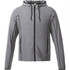 A grey knit jacket with a hood, featuring zippered pockets and a logo.