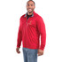A red men's quarter zip track jacket featuring a grey collar and a logo on the front.