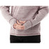A close-up of a men's knitted half zip jumper in maroon and grey, featuring thumbholes in the cuffs.