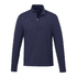 A navy quarter zip jacket for men with long sleeves and a collar, featuring a small zipper and a logo.