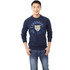 A navy blue fleece crew jumper with a logo and graphic print featuring a tiger, worn by a model.