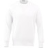 A white fleece crew jumper for men with a ribbed hem and cuffs. It features a logo on the front.