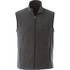 A grey fleece vest featuring a zip front and side pockets, designed for men. Includes a logo.