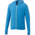 A blue full zip hoodie with a hood and front pockets, featuring a logo on the left side.