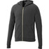 A dark grey full zip hoodie with a hood and front pockets. It features a branding logo.