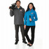 Two models wearing Maxson Softshell Jackets in grey and blue, both featuring a logo, with one holding a camera and the other a microphone.